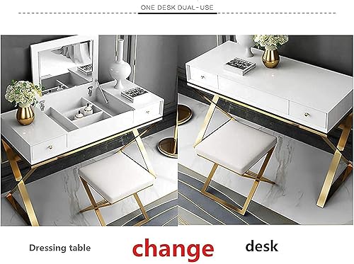 Miniatura 4 de Juego de tocador con espejo, tocador de maquillaje, 2 cajones, taburete y unidades de almacenamiento, tocador multifuncional para dormitorio, para