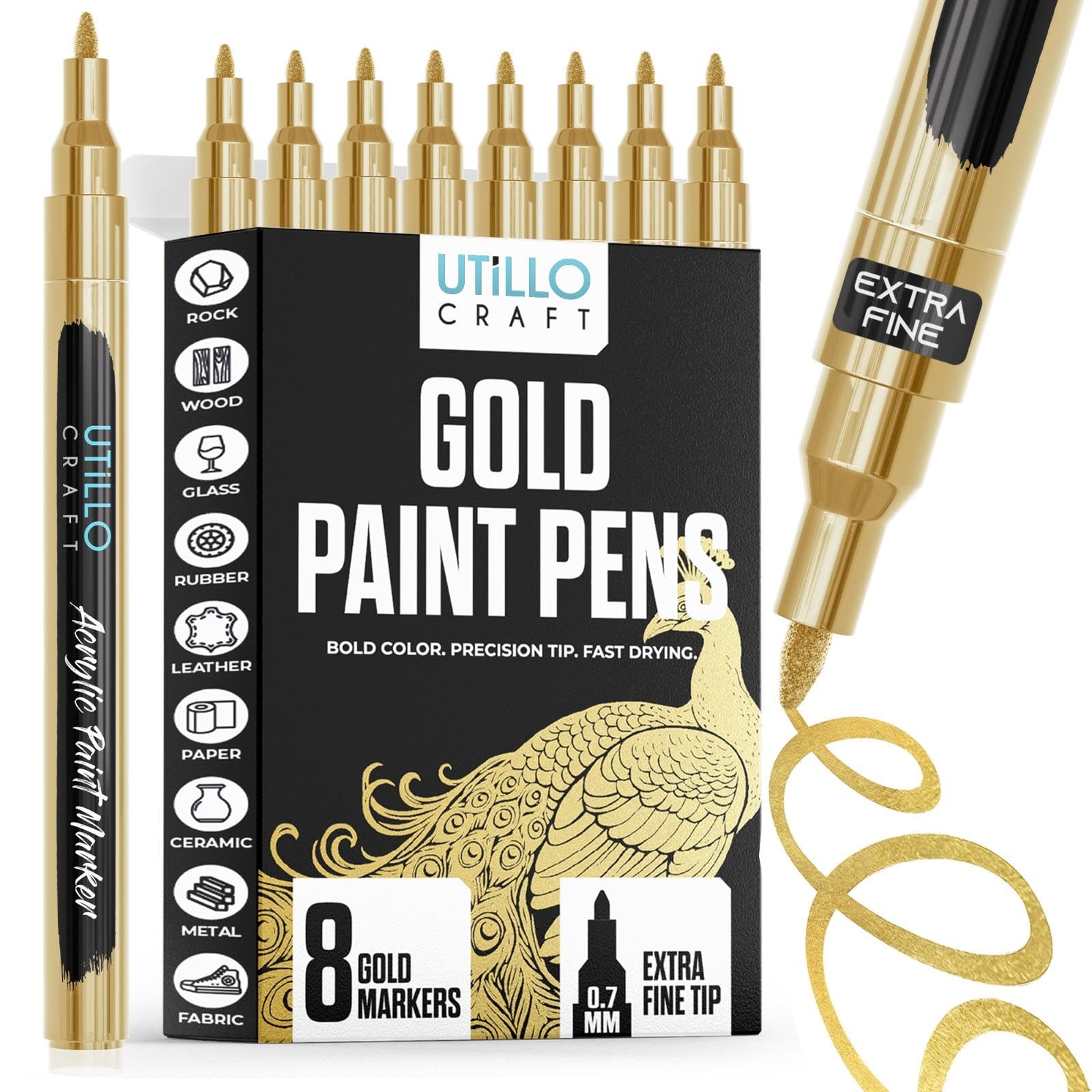 Gold Paint Pen (8-Pack), 0.7mm Extra Fine Gold Paint Markers