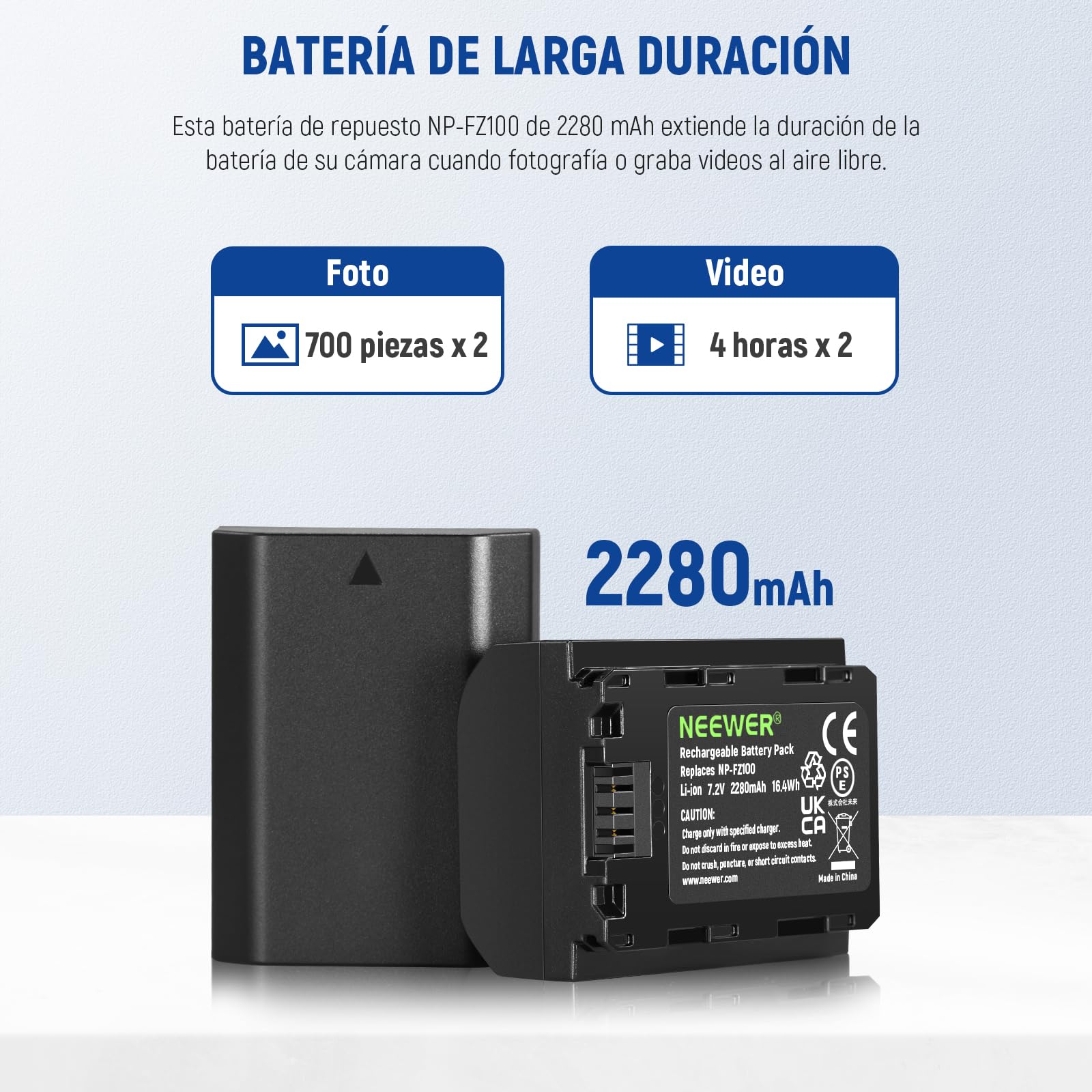 NEEWER Paquete de 2 2280mAh NP-FZ100 Baterías Repuesto con Cargador Dual Cable Micro USB, Compatible con Sony ZV-E10II A9III A7CII ZV-E1 A7III A7IV FX3 FX30 A6700 A1 A7C A7CR A7RIV A7RV A7SIII A9II