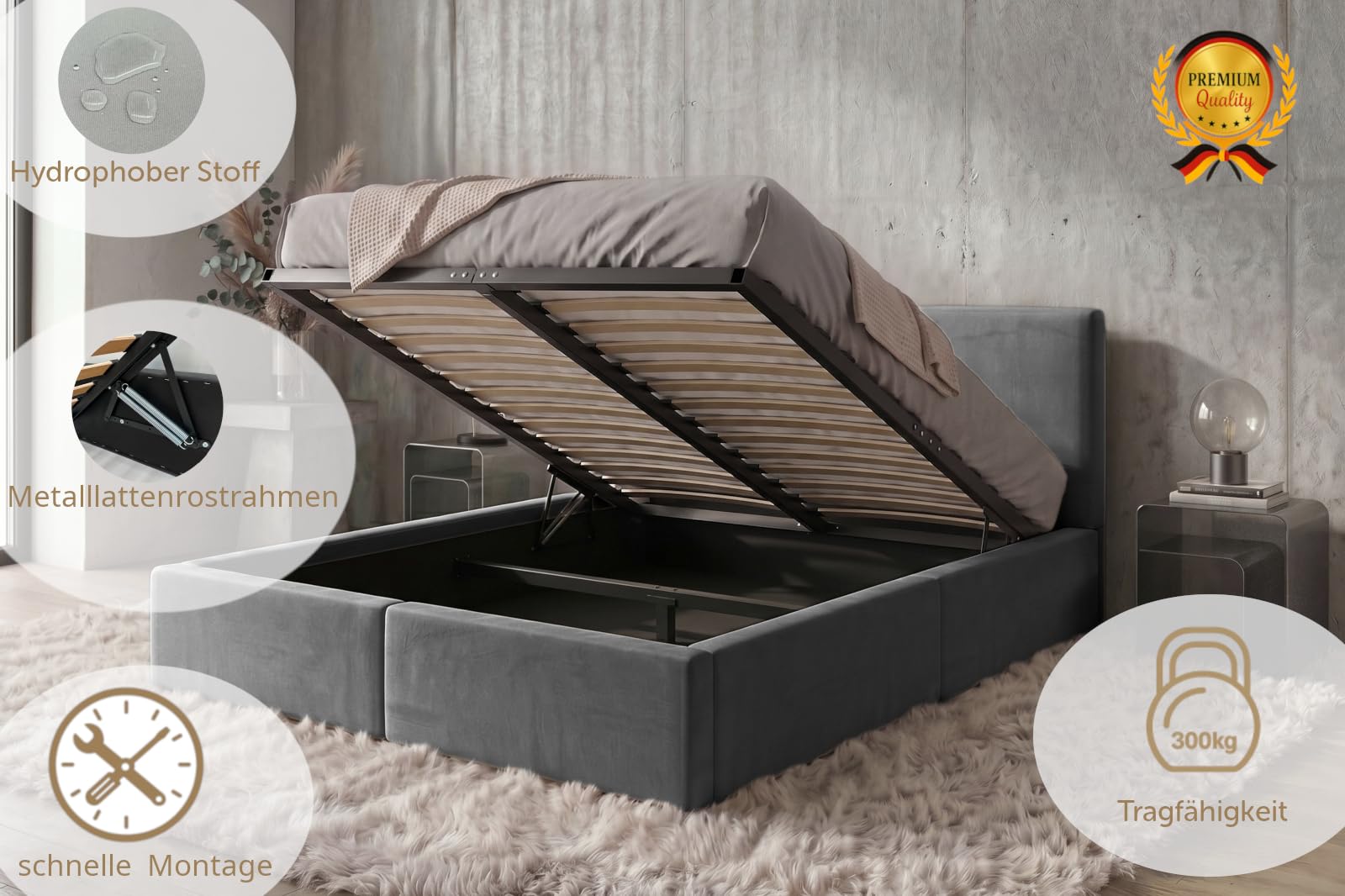 Interbeds Polsterbett 120x200 cm mit Bettkasten und Lattenrost – Stauraumbett Doppelbett in Grau Pflegeleichter Samtbezug Gepolstertes Bettgestell belastbar bis 300 kg ohne Matratze (Grau, 120x200)
