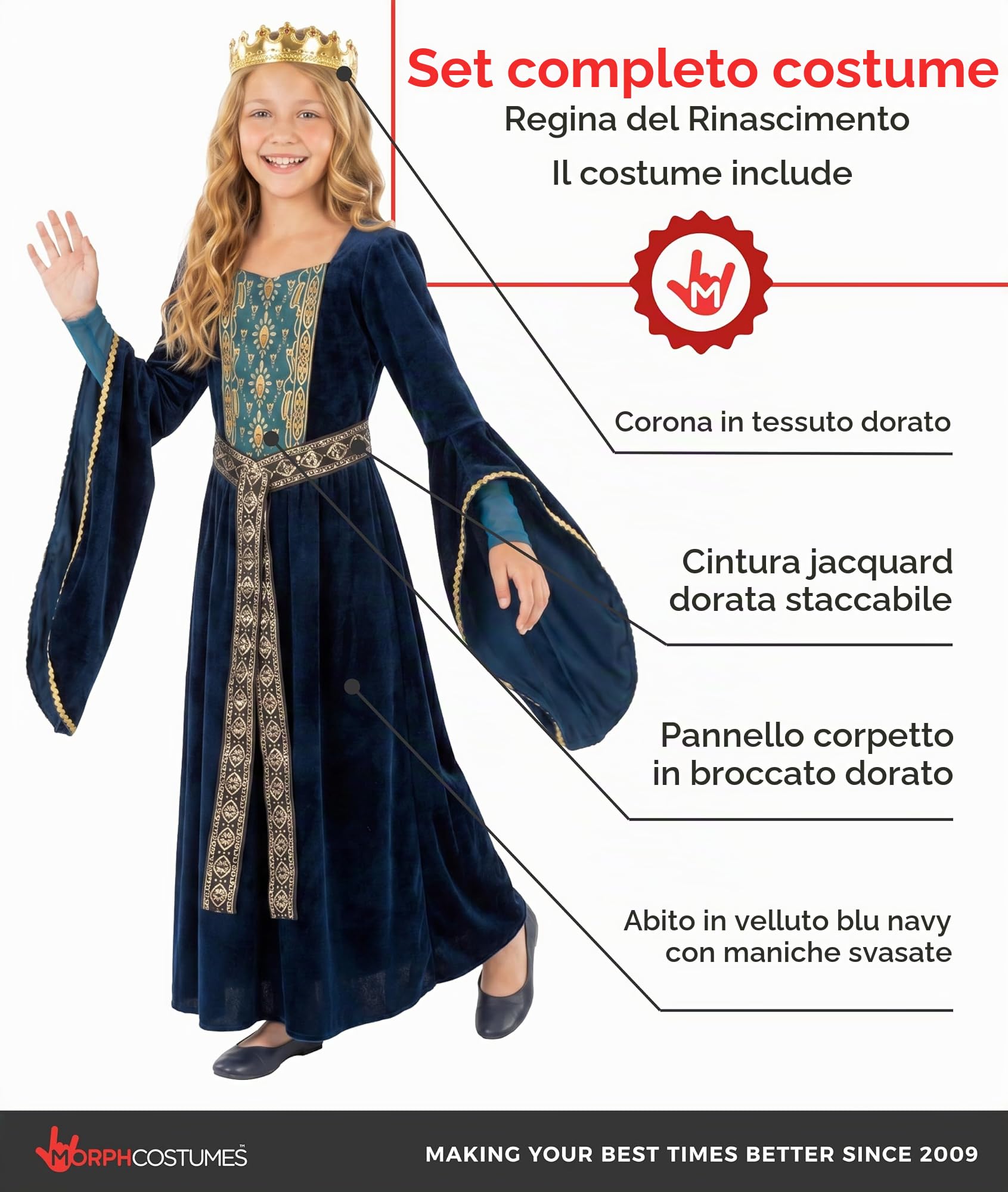 Morph Costume Principessa Medievale Blu per Bambina, Vestito Medievale Dama Rinascimentale per Bambine