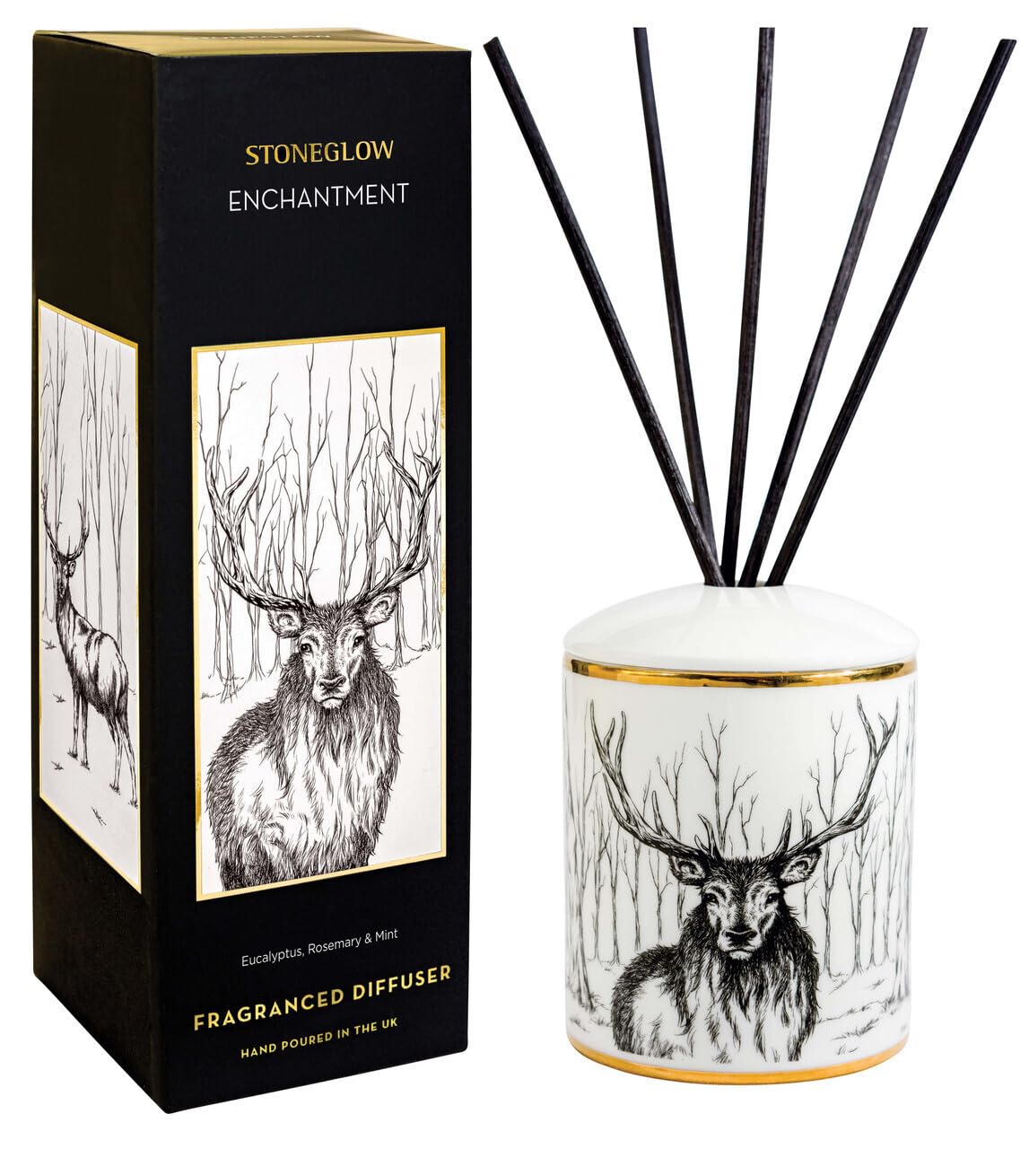 Stoneglow Keepsake Collection Enchantment Eucalyptus, Rosemary & Mint Fragranced Reed Diffuser 200ml, Lasts 16 Weeks, 10 Rattan Reed Diffuser Sticks, Refillable & Reusable, Home Air Freshener