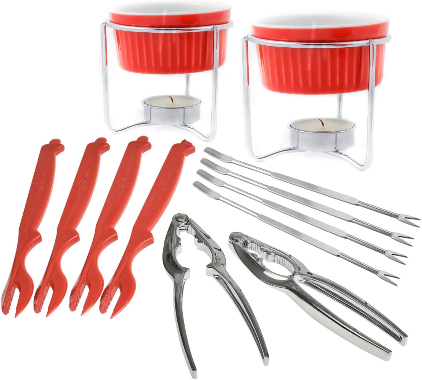 Crabaholik Seafood Tools Set: 12pcs Leg Cracking Crab Utensils Kit -2 Lobster Crackers + 2 Ceramic Butter Warmers + 4 Lobster Knives + 4 Crab Leg Forks Picks | Stainless Steel & Heavy-Duty Nut Cracker