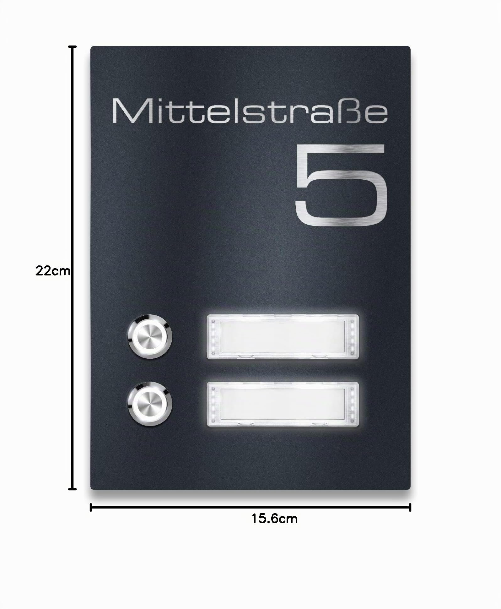 Metzler® Edelstahl Türklingel mit 2 Tastern und austauschbaren Namensschildern anthrazit RAL 7016 wetterfest IP67 Aufputz-Montage LED-beleuchtbar 156x220mm 10 Jahre Ersatzteilverfügbarkeit