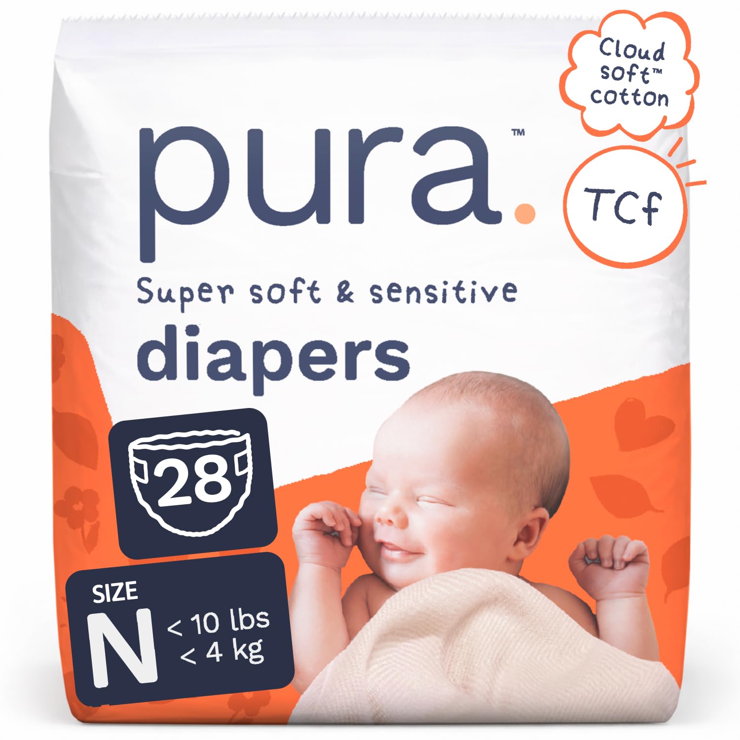 Pura Newborn Baby Diapers - Size N (Up to 10 lbs), 28 Count, Cloud Soft Disposable Diapers for Sensitive Skin, Totally Chlorine Free, Blowout Blocker