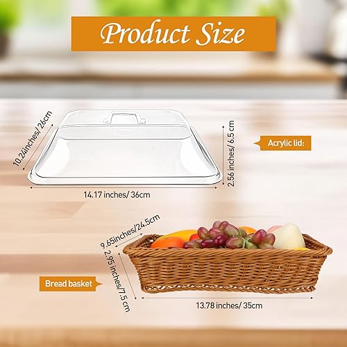 Miniatura 2 de Mumufy Paquete de 2 cestas de pan grandes de mimbre para servir con tapa acrílica, rectangular, cesta de frutas de ratán de imitación con cubierta,