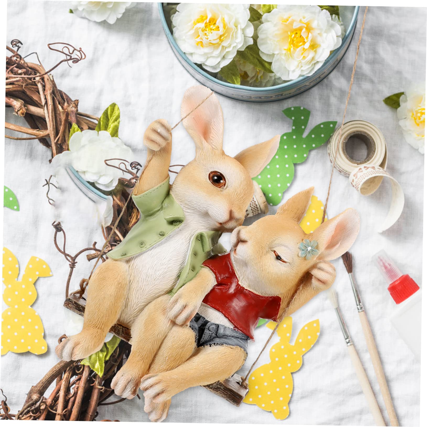 Alipis Pendentif Lapin Balançoire Accessoires De Natation Décor De Lapin Suspendu Figurine De Jardin Décoration De Terrasse Extérieure Pot De Fleur Les Amoureux Résine Auto