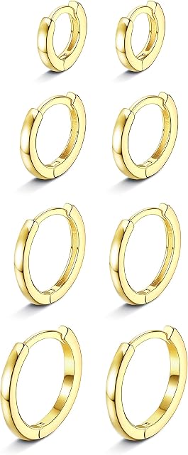 LOLIAS 4Pairs 14K Gold Plated Small Huggies Hoop Earrings for Women Mens CZ Mini Hoop Earrings Hypoallergenic Cartilage Tiny Hoop Cuff Sleeper Earrings Piercing 6mm 8mm 10mm 12mm