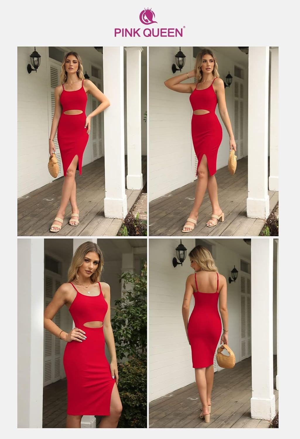 Pink Queen Women's Spaghetti Strap Cutout Side Slit Ribbed Knee Length Bodycon Midi Dress Club Party Dresses for Women - Image 6