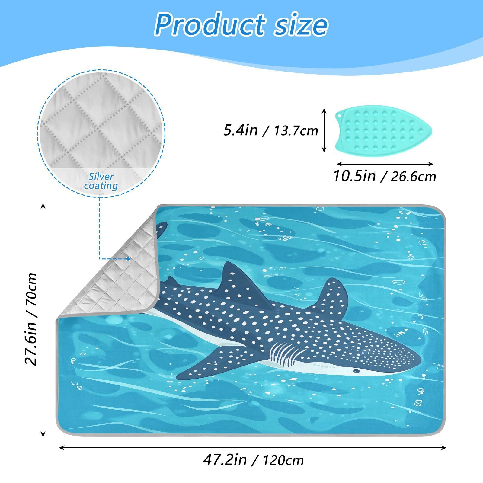 pnyoin Portable Ironing Mat Blue Whale in The Water Travel Ironing Pad with Silicone Iron Rest for Steam Pressing on Tabletop or Bed Heat Resistant Portable Quilting & Travel Blanket