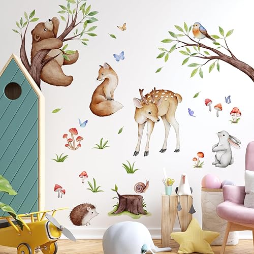 Calcomanías de pared extraíbles de animales de la selva 3D, ramas de árbol verde, ciervo, oso, conejo, calcomanías de pared, bricolaje, despegar y disponible en Yaxa Peru