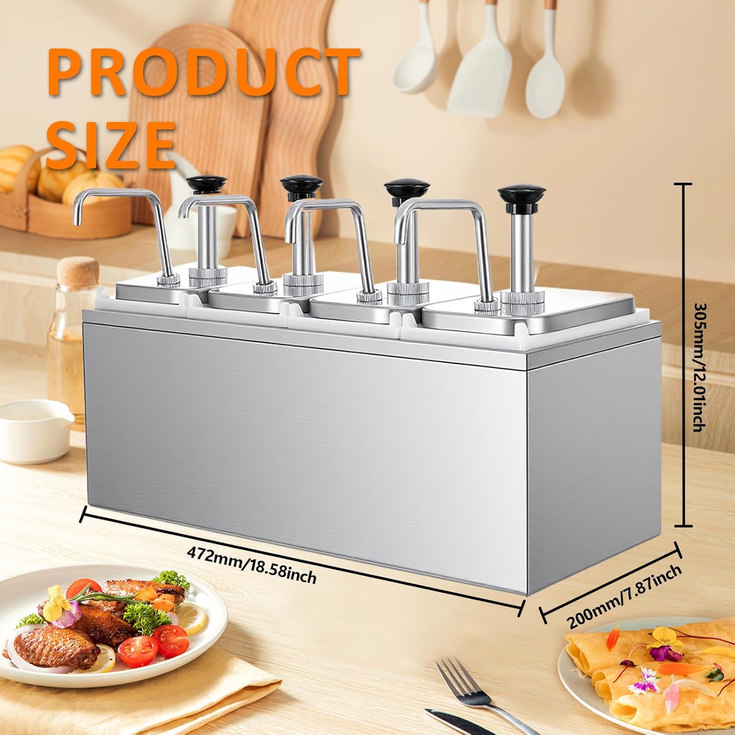 Stainless Steel Ketchup Pump Dispenser - Commercial Condiment Pump with Measuring Cup, Large Capacity for Sauce, Honey, Syrup, Mustard, Cheese (4 Pump Head, 2.11 Quart Each)