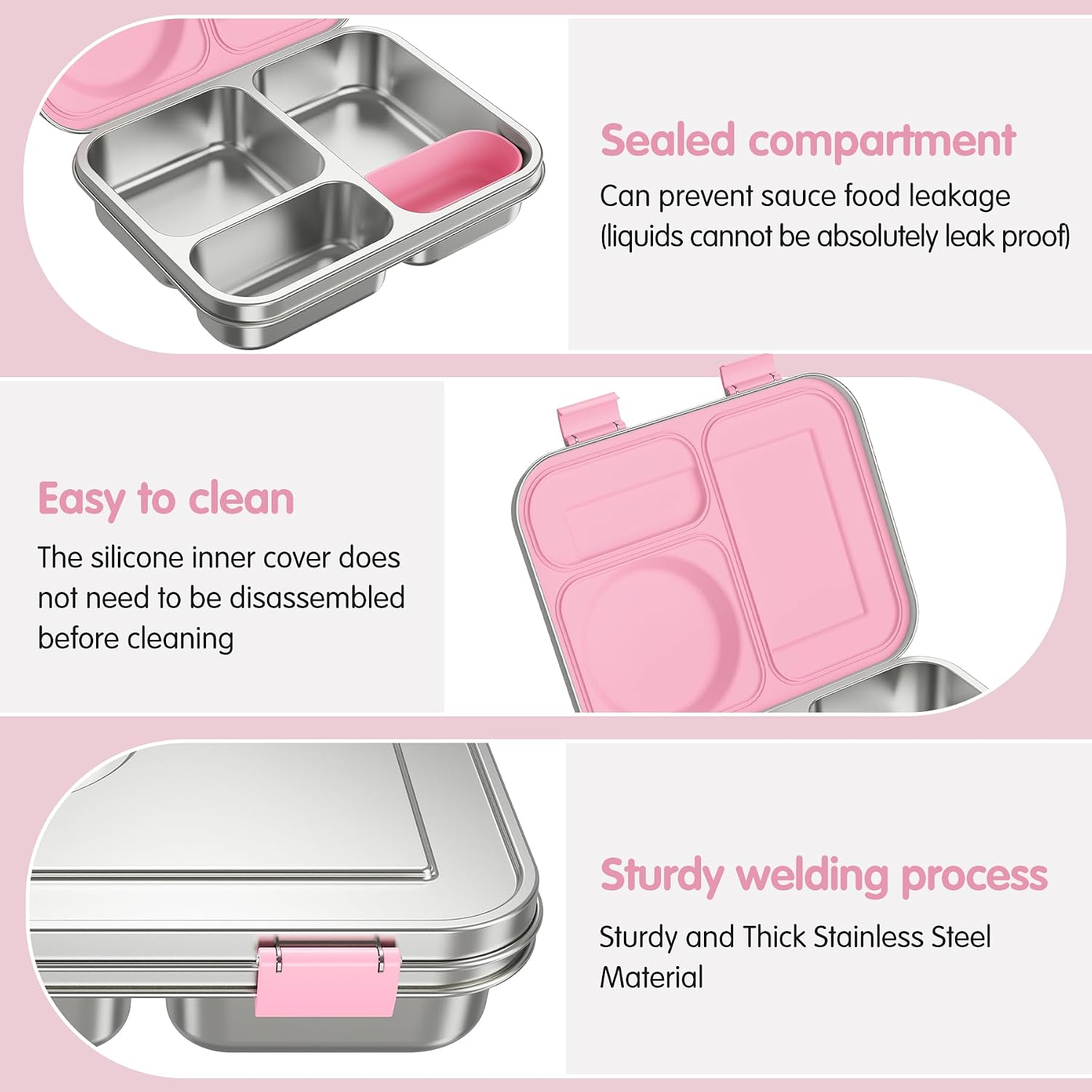 Stainless Steel Bento Box Kids Adult with 8oz Soup Thermo, 3 Compartments Metal Bento Lunch Box with Insulated Food Jar,Lunch Box Container Sauce Cup for School,BPA-Free(Pink)