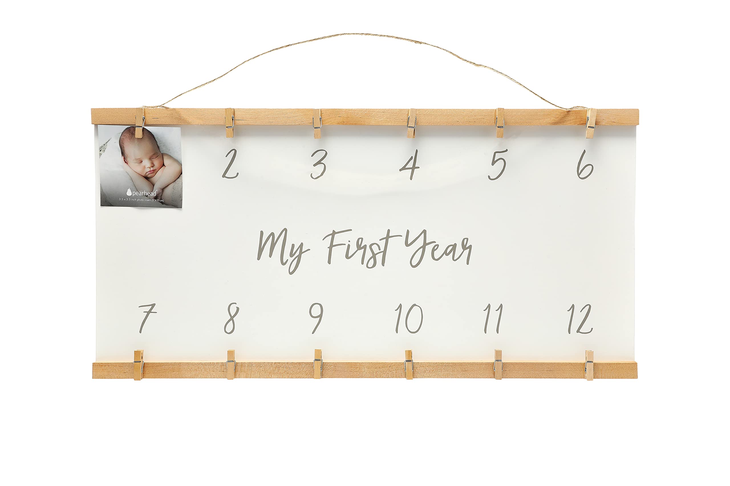 Photo 1 of Pearhead Baby’s First Year Photo Frame, Baby Monthly Growth Milestone Collage Keepsake Frame, Wooden Clip Gender-Neutral Baby 
23" x 12" Holds twelve 3 1/2" x 3 1/2" pictures