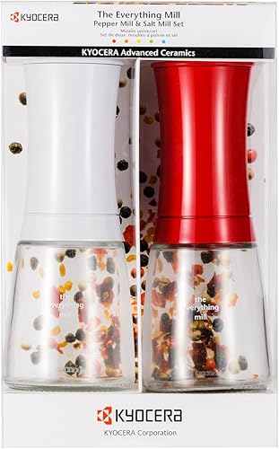Kyocera Juego de 2 molinos de pimienta, sal, semillas y especias con molinillo de cerámica avanzado ajustable, blanco brillanterojo manzana caramelo