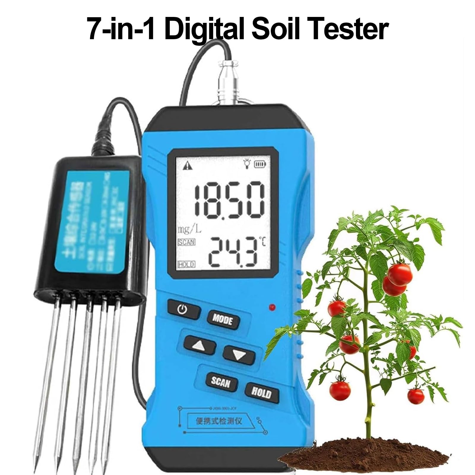 Probador digital de suelo 7 en 1, NPK, pH, humedad, medidor EC para un crecimiento óptimo de plantas, césped, granja, plantas de interior/exterior