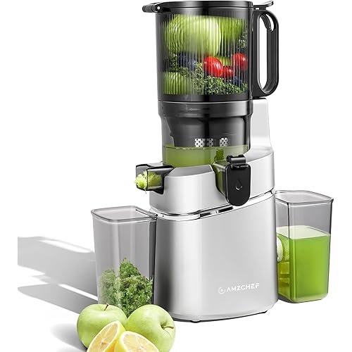 AMZCHEF Cold Press Juicer with 5.8" Large Feed Chute, Slow Masticating Juicer for Whole Fruits & Vegetables, 3-Layer Strainer, Copper Motor, High Juice Yield, Easy to Clean, Silver