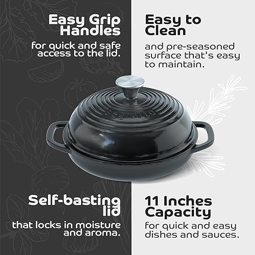 Miniatura 3 de Segretto Cookware Pan de hierro fundido esmaltado con tapa, horno de pan negro de 11 pulgadas (negro) horno de pan fundido de hierro fundido para