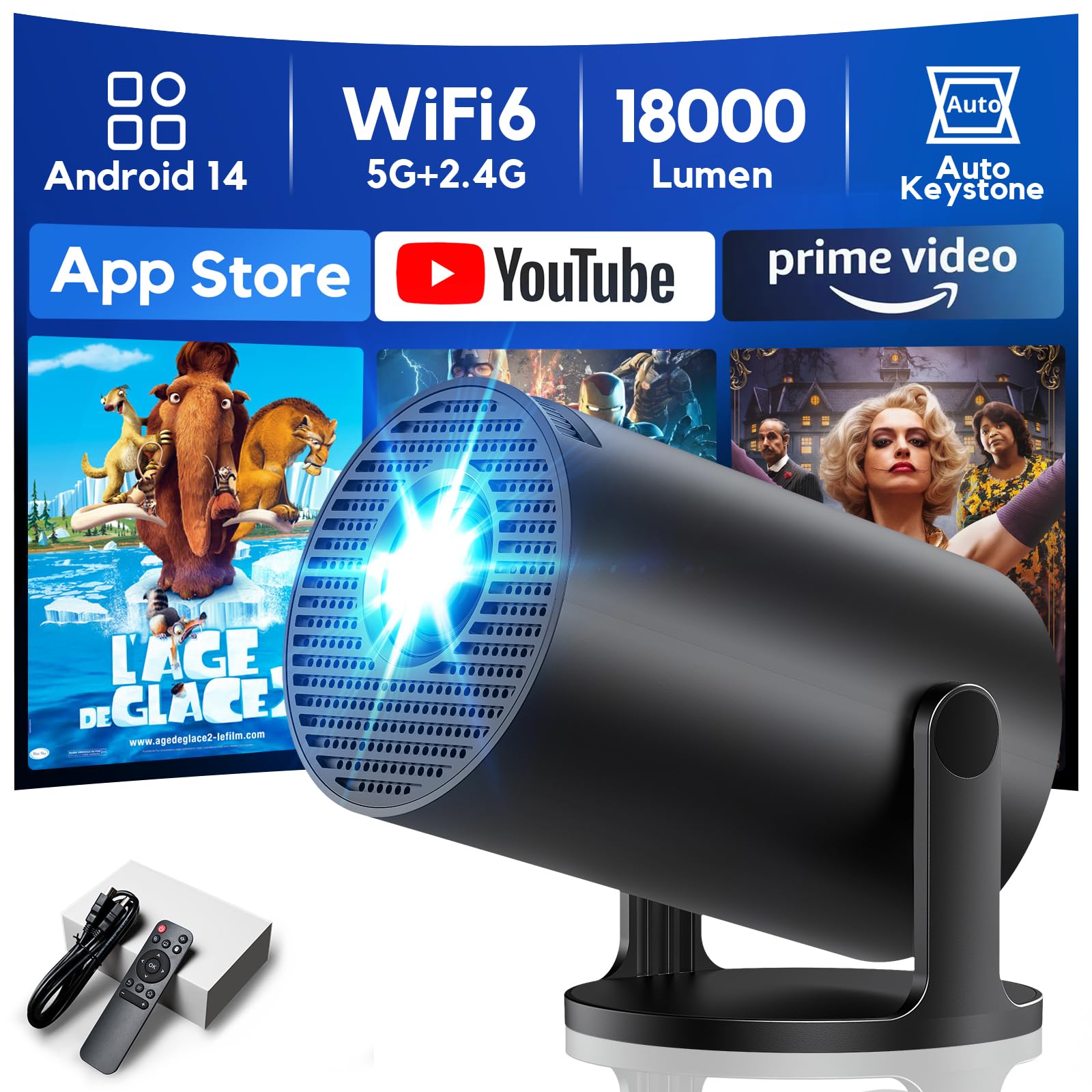[App Integrata & 2026 Upgraded] Mini Proiettore 4K Supporta 18000 lumen, AKIYO O2 Proiettore Portatile WiFi 6 BT 5.4, Auto Keystone, Ruotabile 180°, Dual Control Compatibile con HDMI/Phone/Laptop