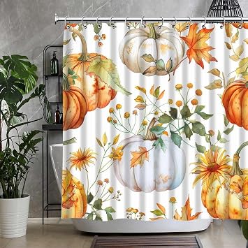 QZJDX Fall Pumpkin Shower Curtain for Bathroom Thanksgiving Autumn Harvest Watercolor Maple Leaves Floral Pumpkins Wildflowers Decor Polyester Fabric Bath Curtains 70"x70"