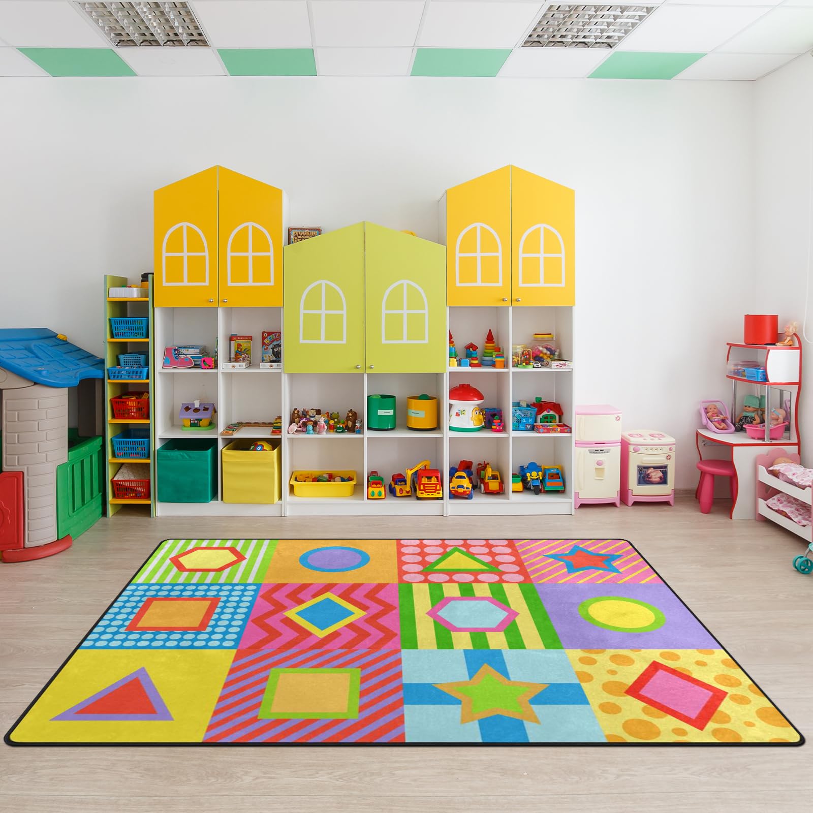 Classroom Carpets Playmat Rugs - 5x7 Ft Kids Rug with Rubber Backing, Colorful Geometry & Fun Pattens Classroom Seating Rug Play Mat Nursery Rugs for Preschool Elementary Playroom -12 Seating