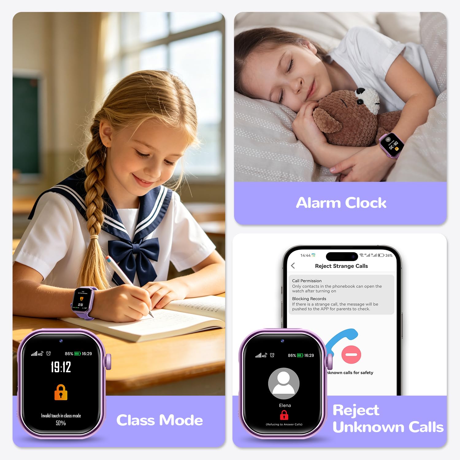 Smartwatch Kinder mit GPS und Telefon, Kinderuhr mit SIM, Videoanrufe, IP68, Lila