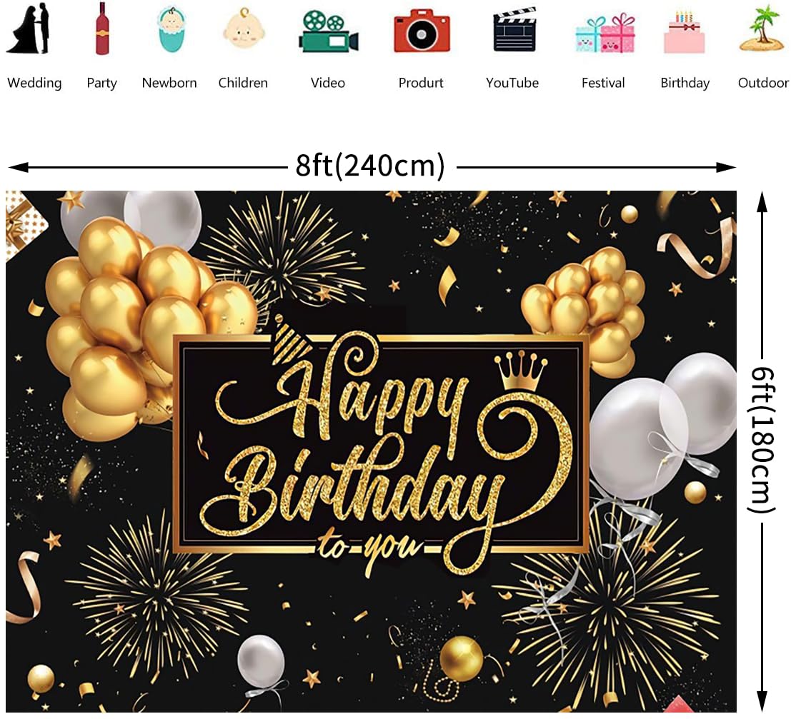 2.4x1.8m Telón de Fondo Cumpleaños Negro y Oro Happy Birthday Signo Globo Fuegos Artificiales Cartel Fotografía Fondo Fiesta de Cumpleaños Interior Decoraciones al Aire Libre Banner Photo Booth Props