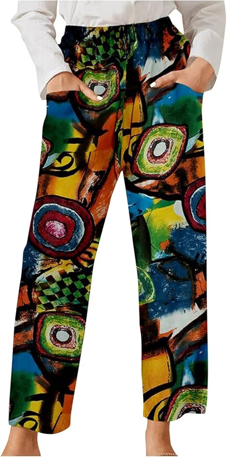 Leinenhose Damen Weit Geschnitten - High Waist Mit Fisch-Druck