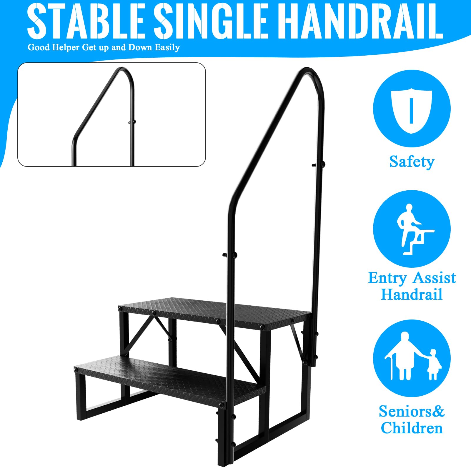 Escaleras de RV con Barandilla, Escalera de 2 Peldaños para RV con Capacidad de Carga de 660 lbs, Escalerilla con Panel Antideslizante, Escalera Móvil para Caravanas (2 peldaños)