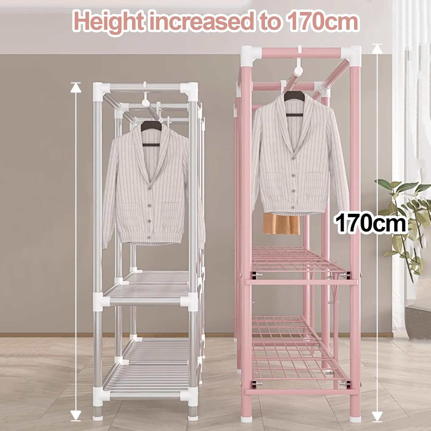 Wytrzymała przenośna szafa na ubrania z pokrywą - Stojący wieszak na ubrania do wieszania ubrań Składany organizer do przechowywania odzieży(Pink1,200x170x45cm)