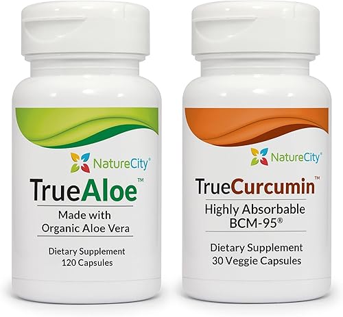 Paquete de apoyo articular True-Aloe hecho con aloe vera orgánico, 120 cápsulas + curcumina verdadera con 500 mg de curcumina BCM-95 altamente