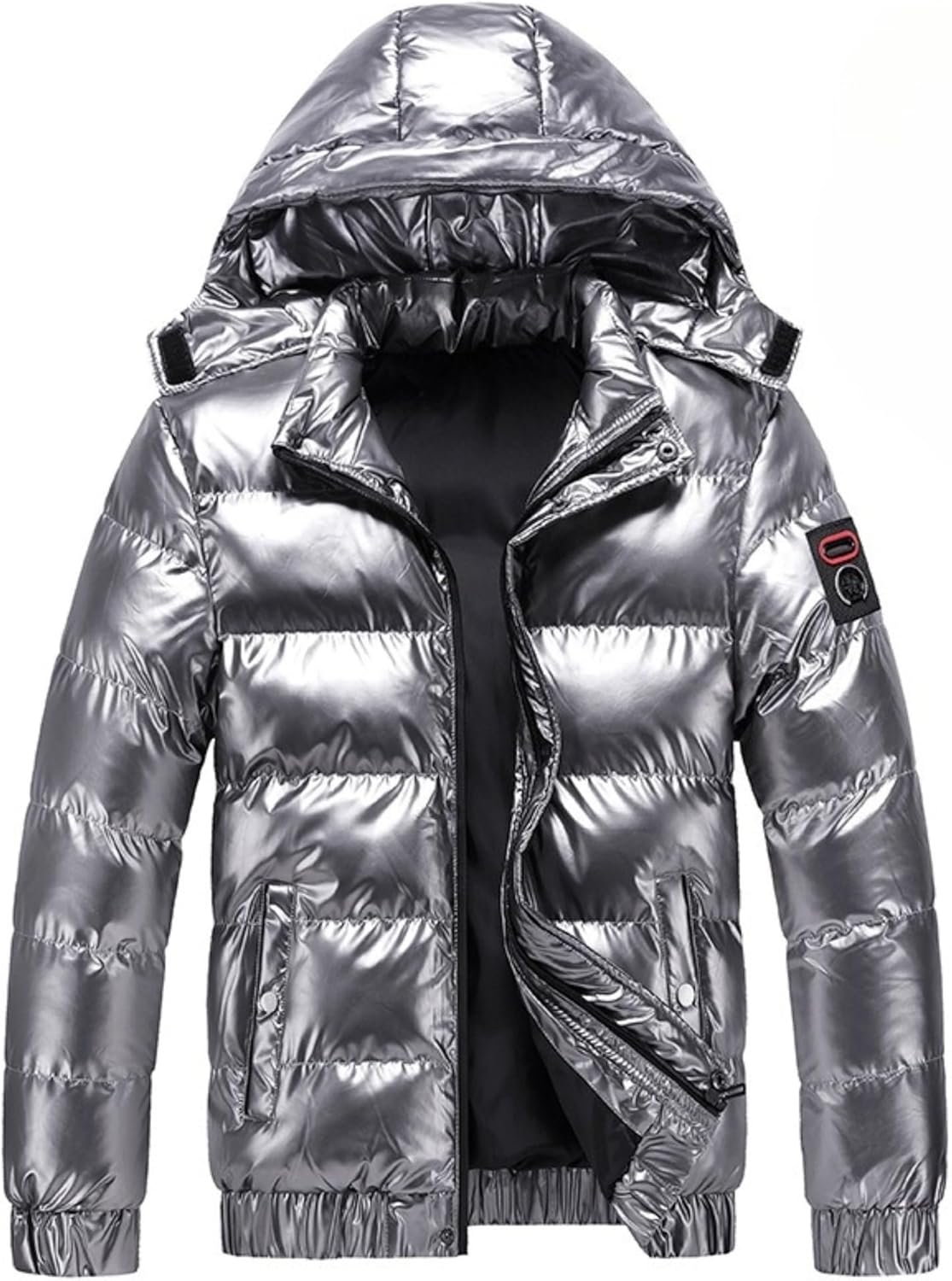 DGHM-JLMY Men's Glossy Padded Winter Hood Coat Warm Plus Size Shiny Hooded Coat Metallic Full Zip Down Quilted Puffer Jacket (SilverA3,3X-Large)