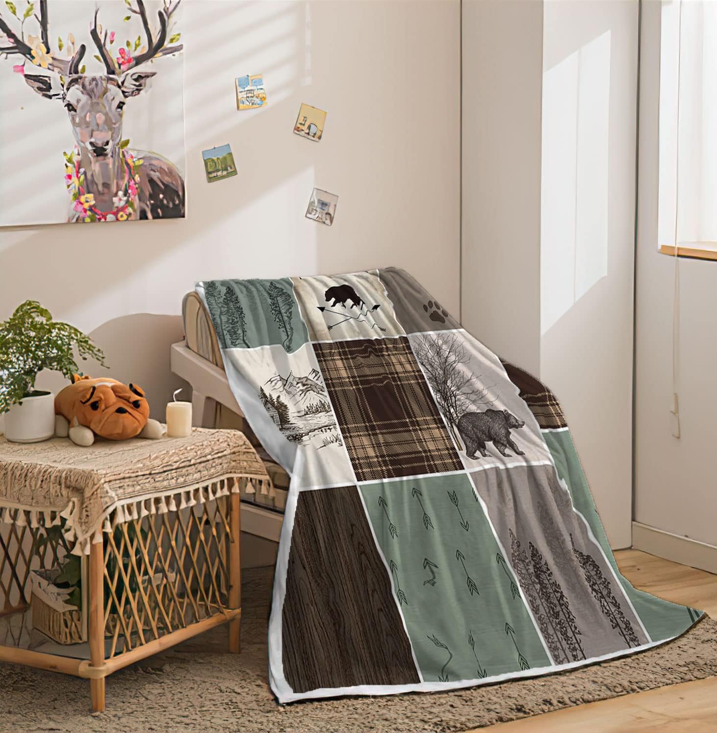 Cabin Retro Rustic Lodge Flannel Throw Blanket for Couch, Bear Deer Country Hunting Wild Animal Bed Sofa Warm Blankets Couch for Bed Camping Travel Living Room Bedroom