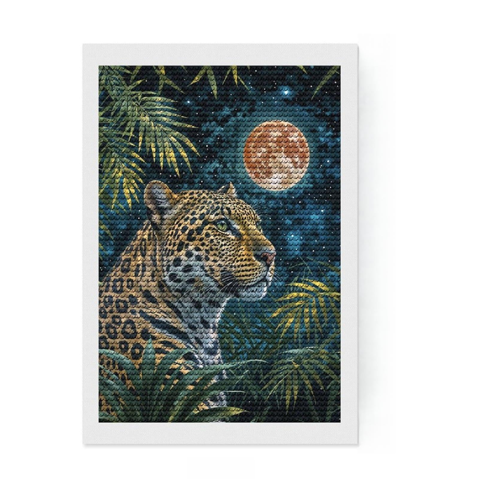Junmoney Leopard Under The Moon Diamond Painting Set 8"x12", for Family Craft Time, Fun Craft Experience, Modern Decor, Christmas Gift