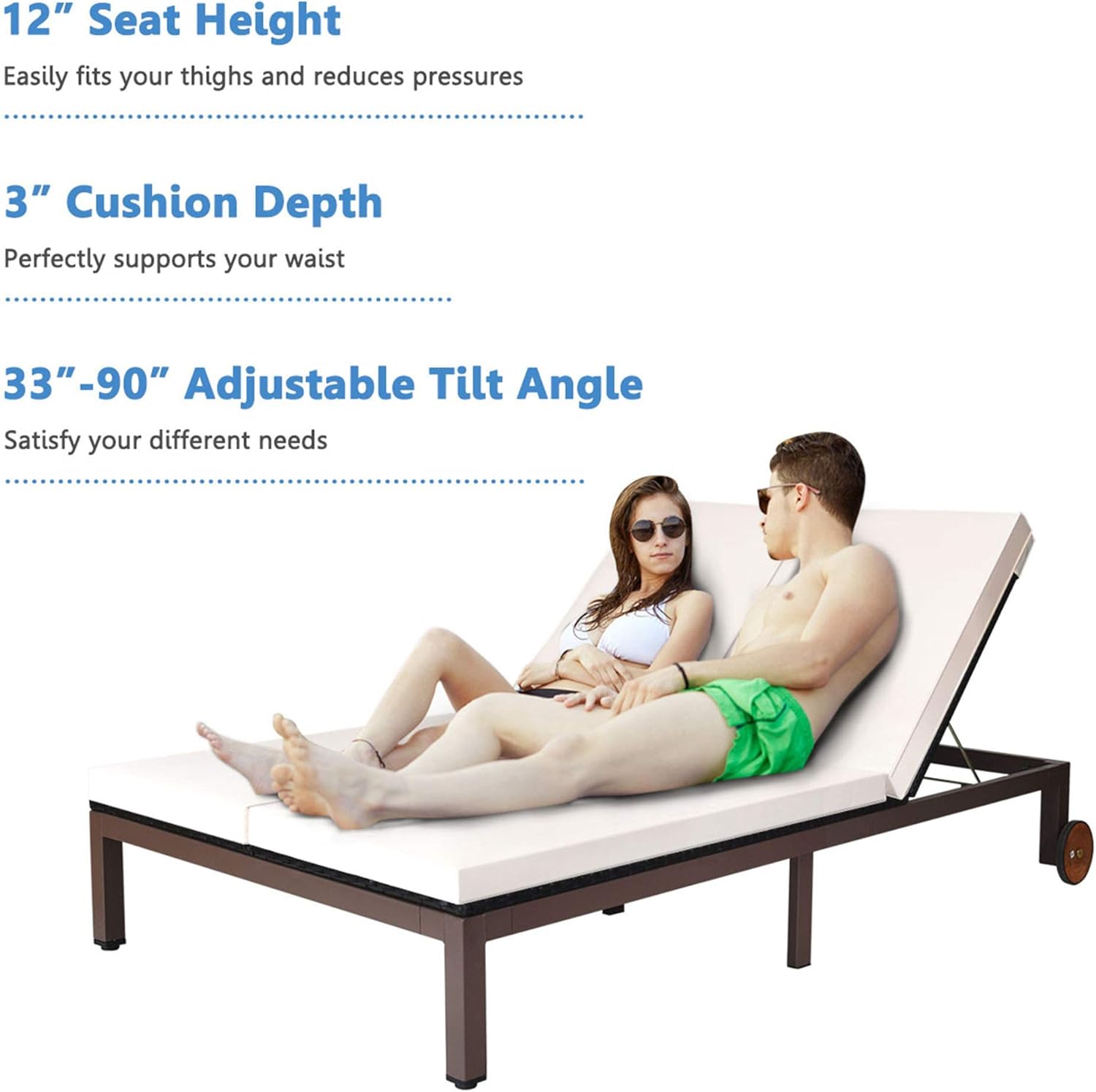 DORTALA 2-Person Patio Rattan Recliner Chair W/Wheels & Cushion, Double Wicker Daybed Chaise Lounge Chair with Adjustable Backrest, Outdoor Furniture Conversation Set for Garden Lawn, White