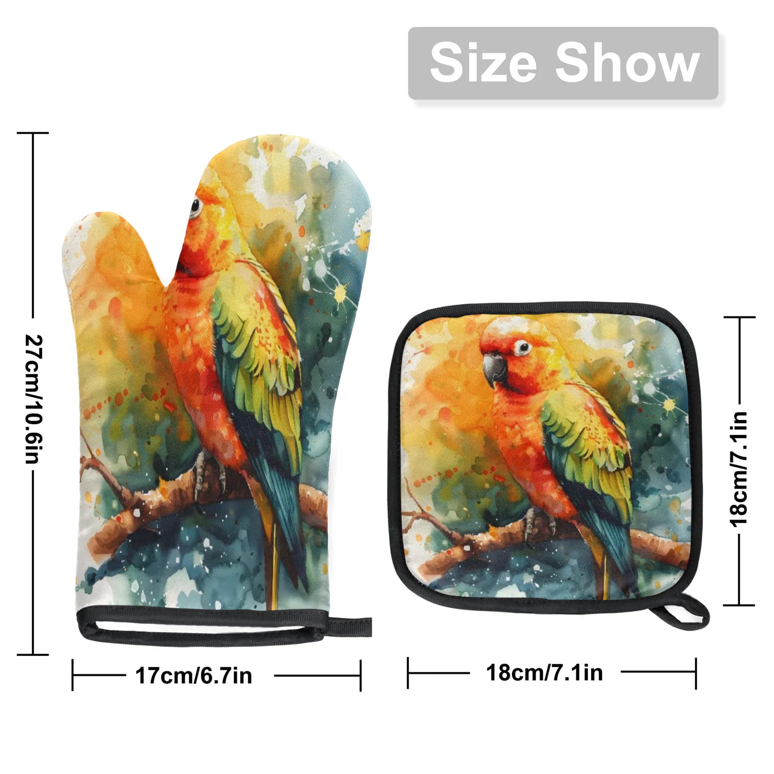 Pretty Watercolor Parrot Branch Oven Mitts Kitchen Oven Gloves for Cooking Baking Heat Proof Lining Cotton Kitchen Potholder Mittens Pot Holders Hot Pads for Chef Women Men