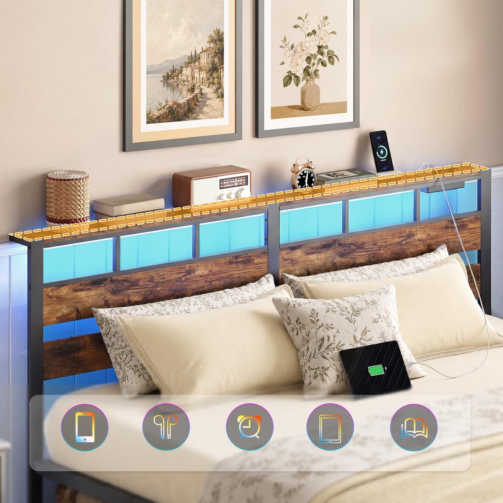 HOOBRO Lit 180 x 200 cm avec Sommier Métal, LED, Multiprise et Espace de Rangement, 2AC, 2USB-A, Lit Deux Personnes avec Cadre de Chevet, pour Chambre, Marron Rustique et Noir EBF80CDBF01
