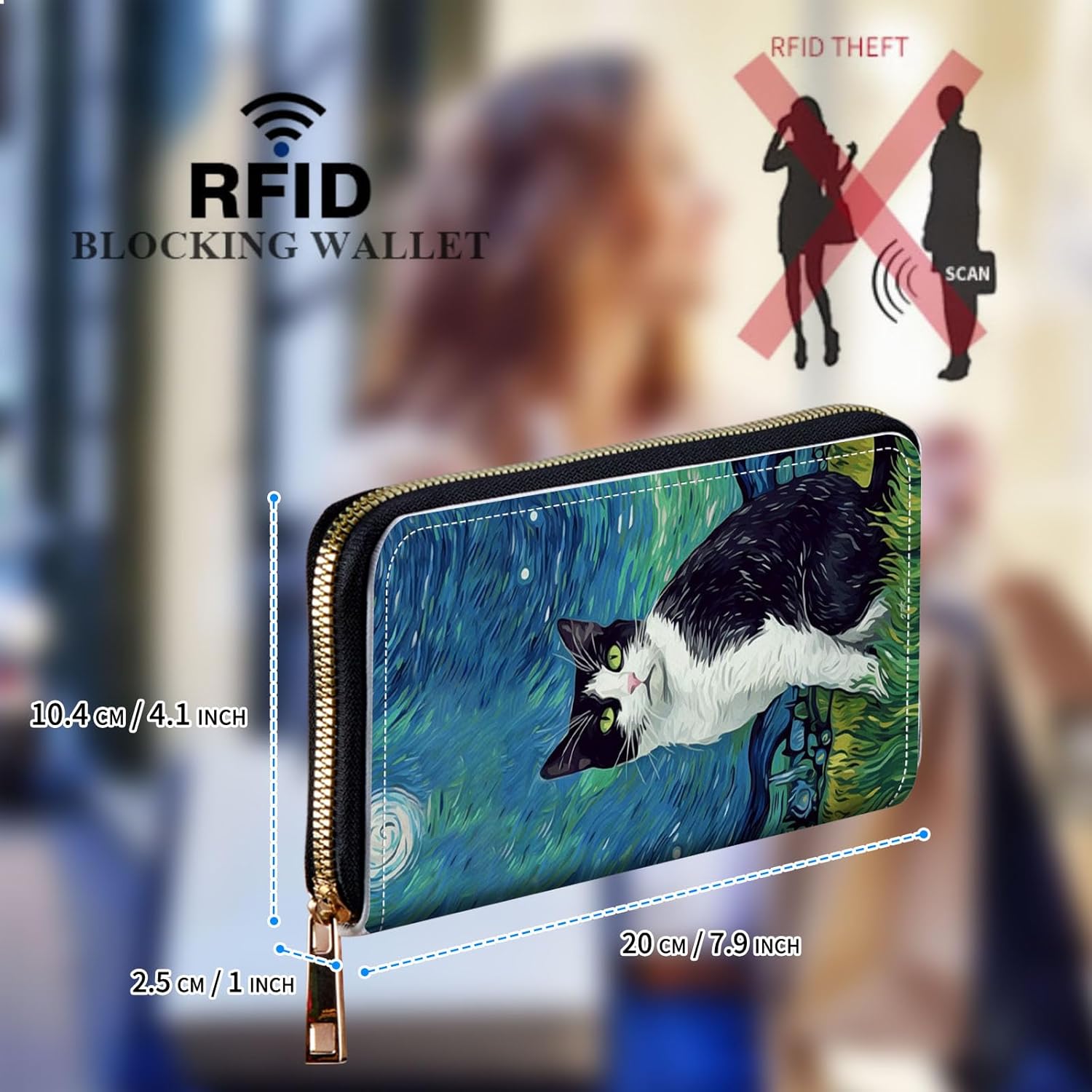 Womens Wallet, Large Capacity RFID Blocking PU Leather Wristlet Wallets for Women Ladies Men Credit Card Holder Zipper Wallet Phone Holder Clutch Travel Purse, Art Cat - Image 2