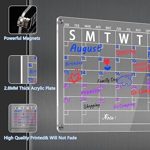 Miniatura 2 de Paquete de 2 calendarios magnéticos para refrigerador, pizarra magnética de borrado en seco de acrílico transparente para refrigerador, calendario