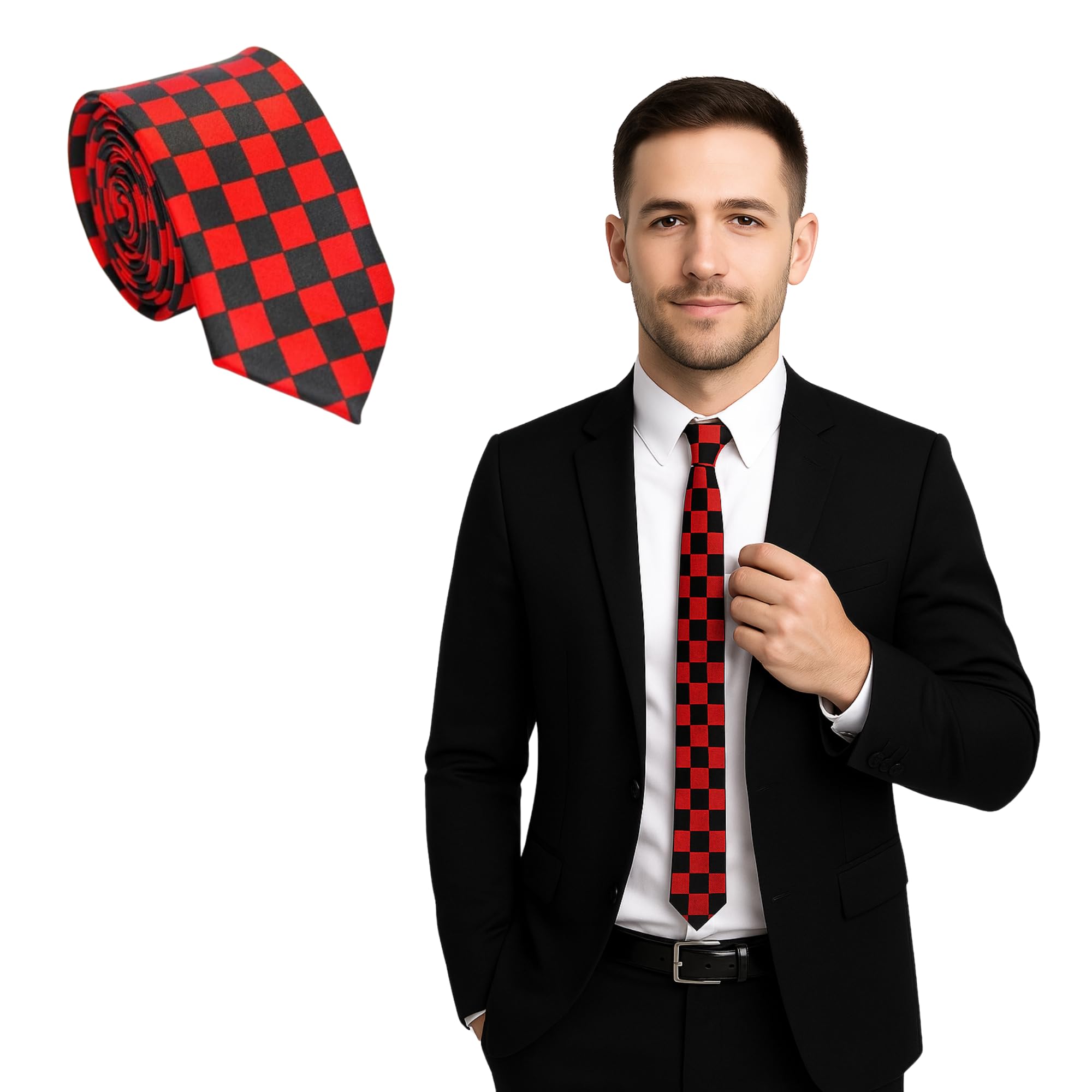 FNA FASHIONS® Mens Classic Slim Skinny Satin Tie Adult Wedding Fancy Party Solid Plain Necktie (Black/Red Checkered, One Size)