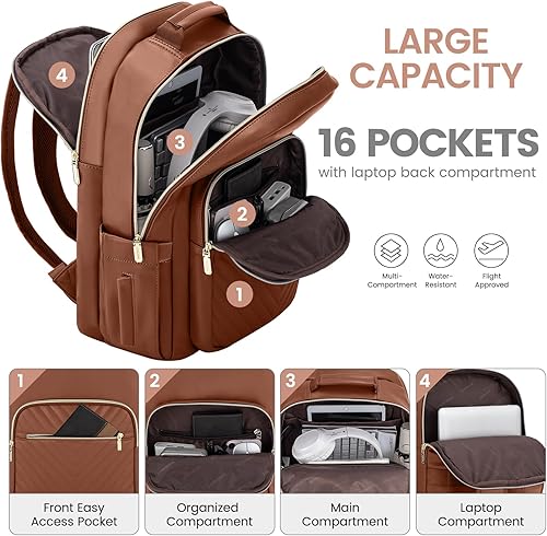 Miniatura 2 de LOVEVOOK Mochila de cuero para laptop para mujer, Marrón, Mochila de viaje para computadora portátil, mochila para profesores universitarios