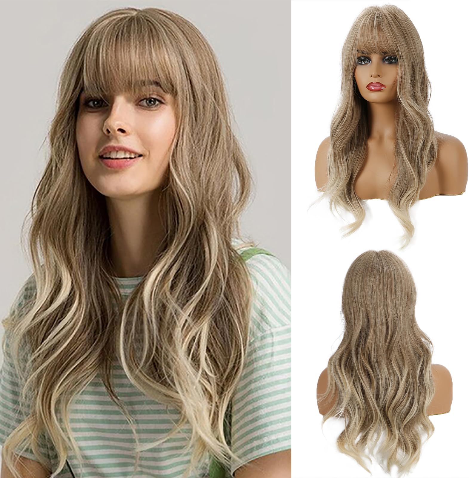 Huasea 24 Inches Long Blonde Wigs for Women Natural Wavy Hair Synthetic Wig With Bangs (Free Wig Cap)