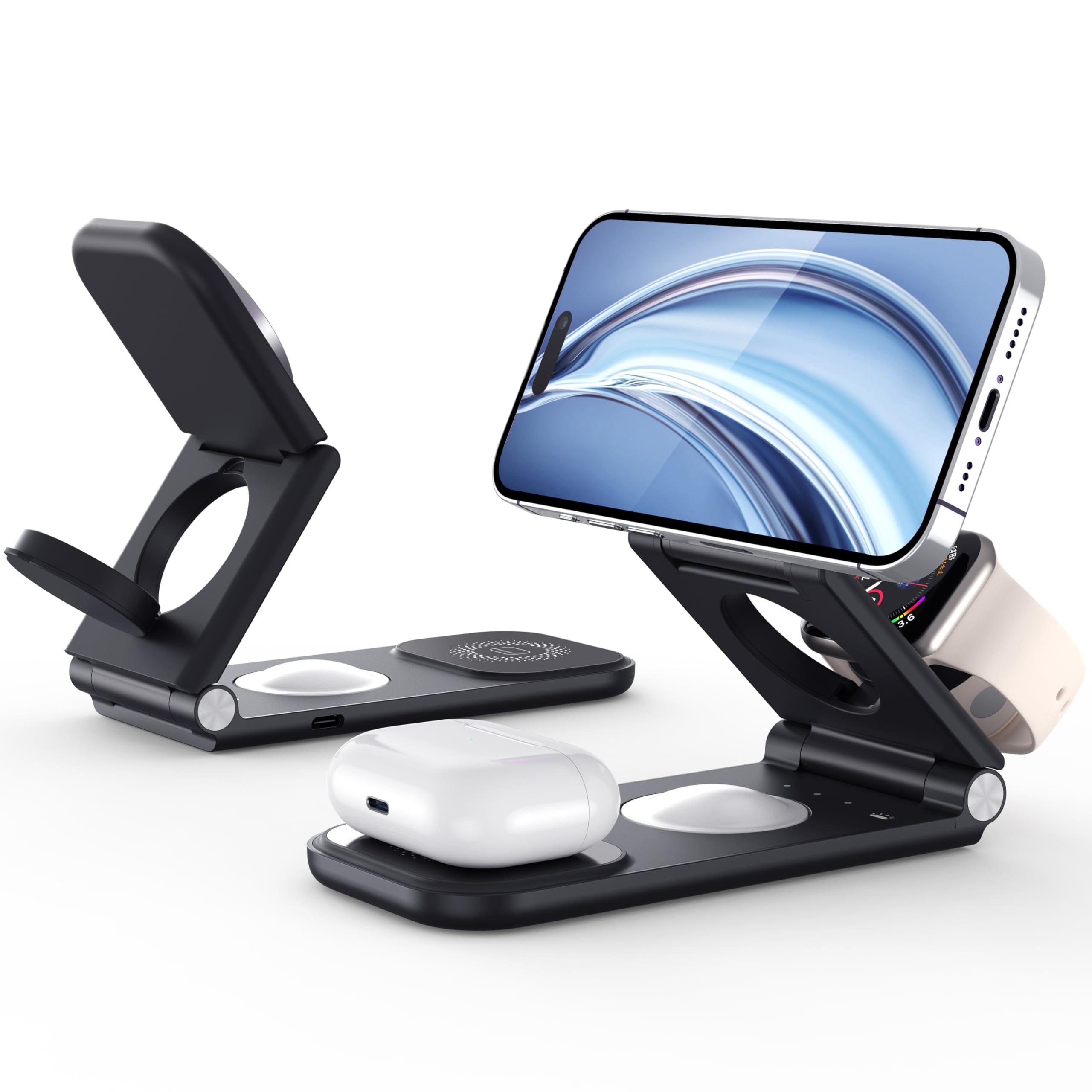 3-in-1 Wireless Charging Station for iPhone 15/14/13/Plus/Pro/Pro Max/12 & AirPods 3/2/Pro & Apple Watch & Mag-Safe Case, 18W Foldable Fast Magnetic Charger Stand, Portable Charger for Apple, Black