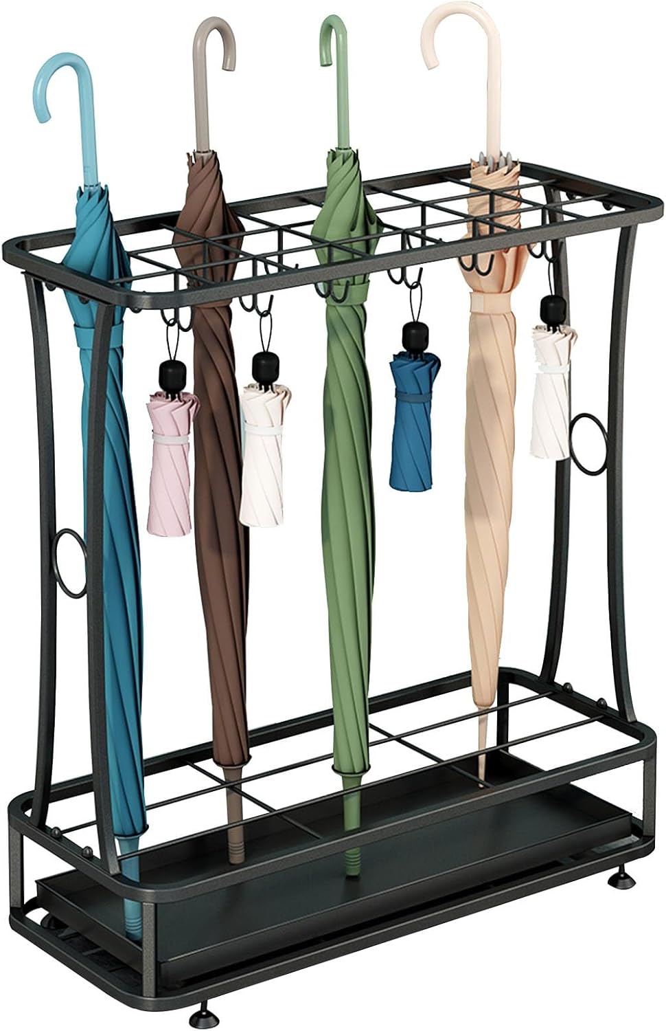 Large Capacity Umbrella Holder,Standing Stable Umbrellas Stand with Hooks & Foot Pad & Removable Drip Tray, Iron Umbrella Organizer for Schools Offices Shops