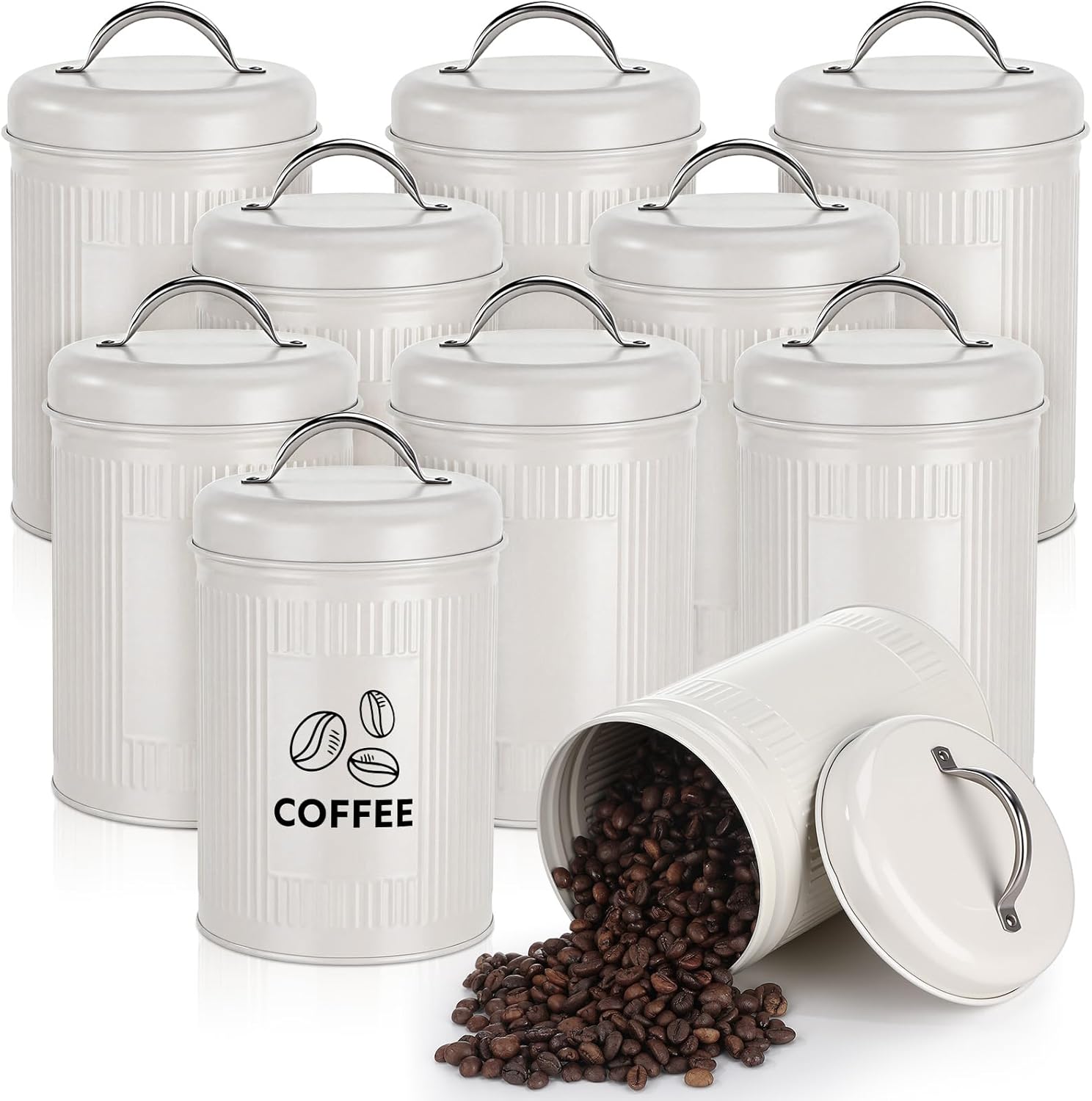 LemonRoad 10 Pack Farmhouse Coffee Canister Storage Container, 48 oz Vintage Coffee Bean Airtight Jar with Lids, Metal Food Tins, Kitchen Countertop & Pantry Organization for Candy Sugar Cookie Tea