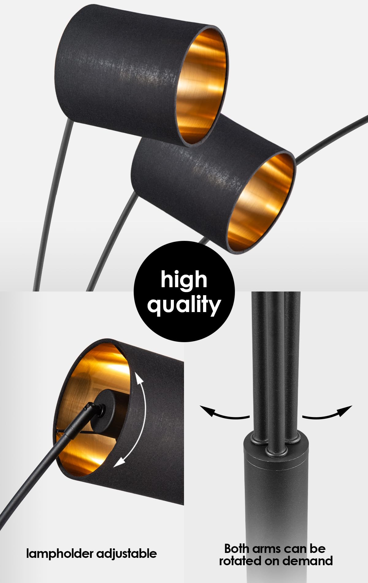 Home Sweet Home Bogenlampe 3 Flammig Schwarz Gold | Moderne Stehlampe Wohnzimmer 190cm | Verstellbare Bogenleuchte E27 inkl. 3x 9W LED Leuchtmittel | Stabile Standleuchte Industrial