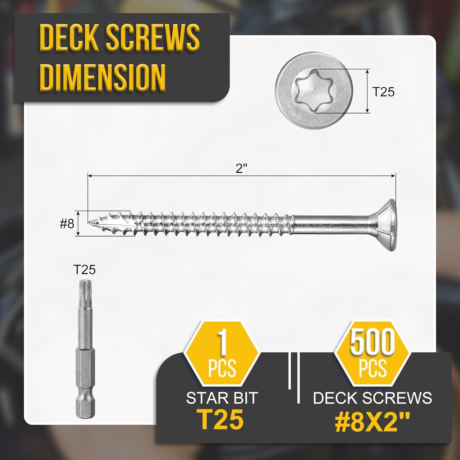 DTGN #8x2 Deck Screws - 500Pack - Good for Decks, Fences, Frames, Farms, Outdoor Furniture - Carbon Steel Wood Screws W/ T25 Torx Star Drive Bit - Silver