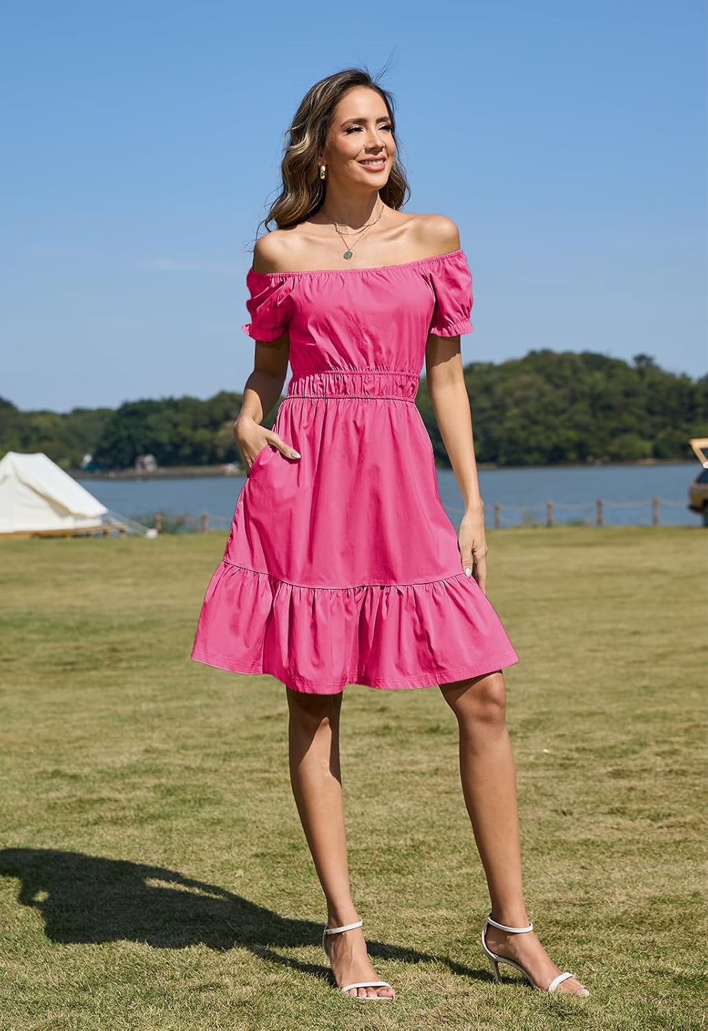 Alaster Queen Womens Summer Dresses 2025 with Pockets Casual Puff Sleeve Square Neck A Line Off The Shoulder Dress - Image 6