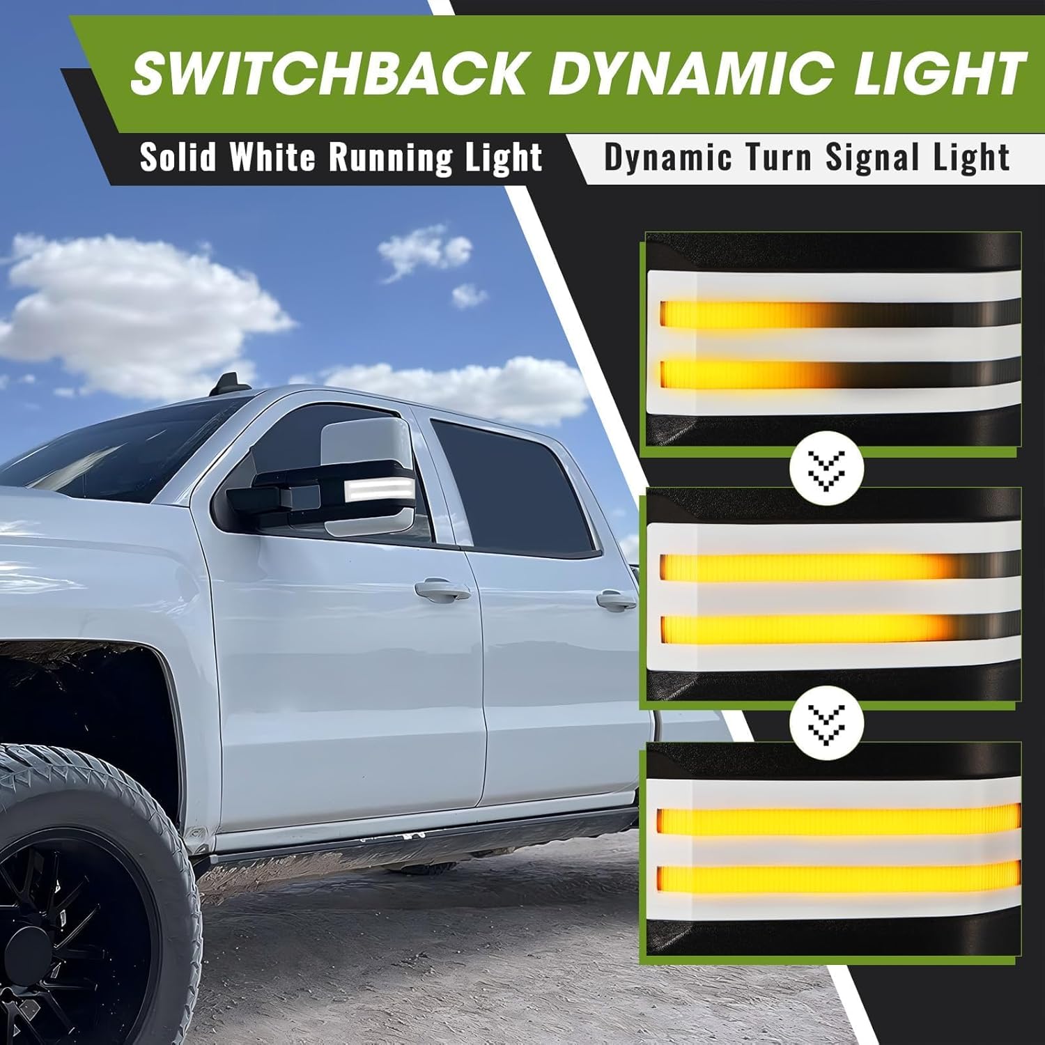Towing Mirrors for Chevy Silverado/GMC Sierra 1500 (2014-2018), 2500HD/3500HD (2015-2019) Switchback Dynamic Turn Signal/Running Lights Power Heated (Painted White with Painted White Base)
