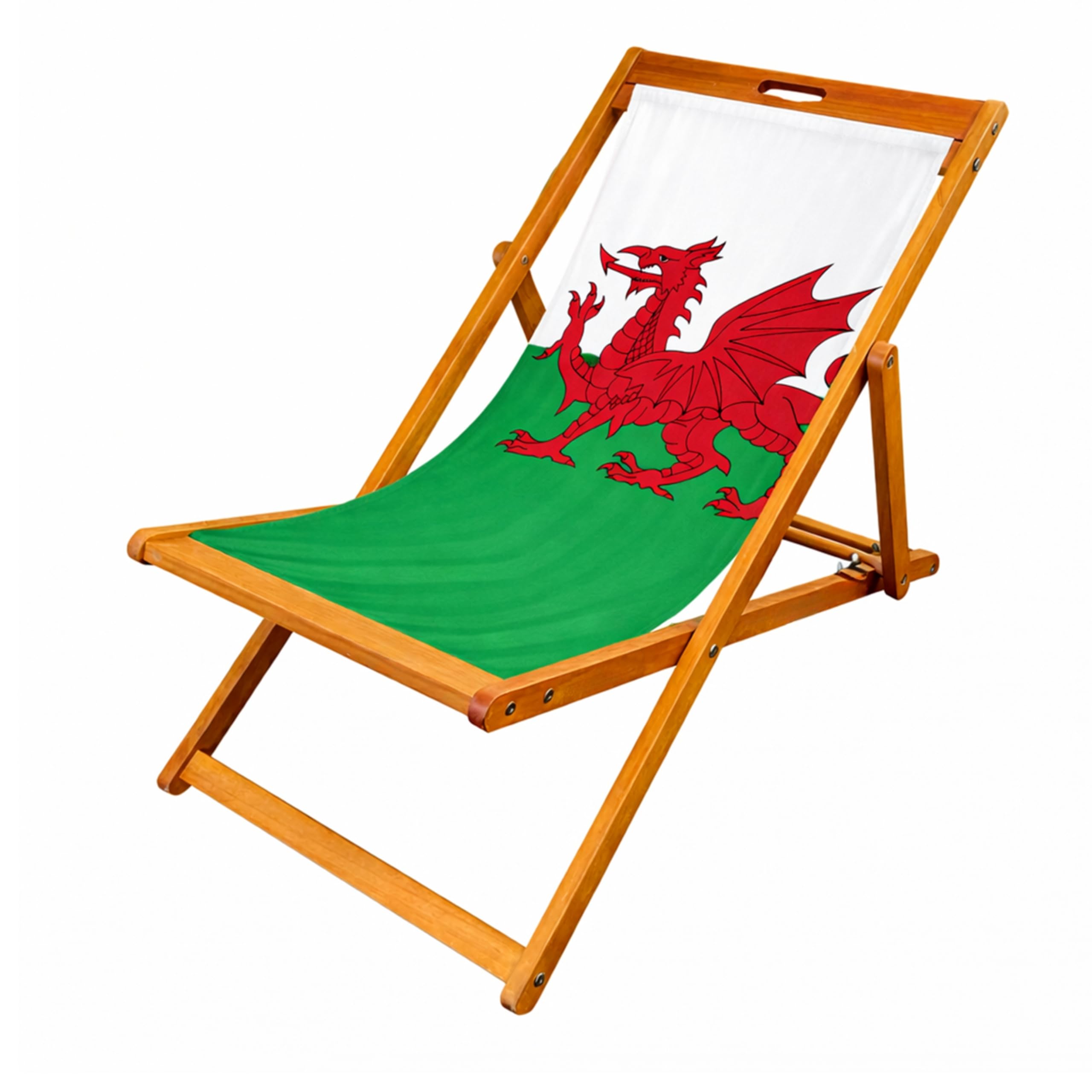Lister Cartwright Wooden Folding Deck Chair with Fabric Sling – Adjustable Reclining Garden Chair, Beach Chair, Patio Lounger, Outdoor Seating(Wales Flag)